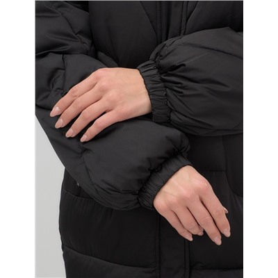 Пальто зимнее утепленное с мехом и капюшоном тренд черного цвета 7629Ch