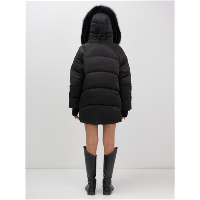 Куртка зимняя женская с мехом и капюшоном тренд черного цвета 7737Ch