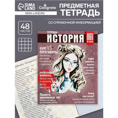 Тетрадь предметная 48 листов в клетку Calligrata «Журнал. История», картонная обложка, серые листы