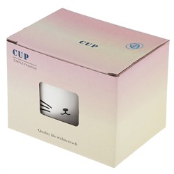 Кружка фарфоровая "Котик" 350мл, д9,5см h7,8см, матовая глазурь, с деколью, цвет - белый, силиконовая крышка, цвет - белый, д/горла 9,2см, д/основания 9см, в подарочной коробке (Китай)