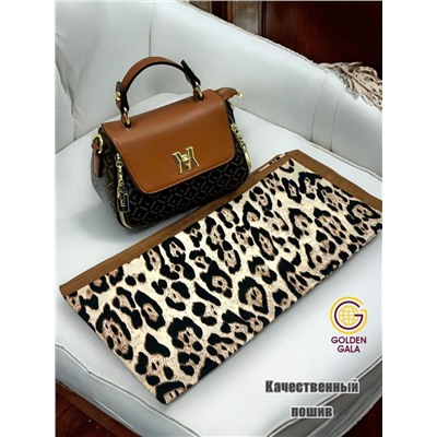 Платок утепленный Леопардовый Арт 3111/6 бежевый с коричневой каймой