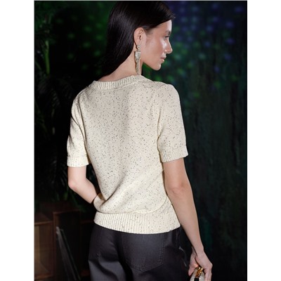 Джемпер с V вырезом и коротким рукавом из хлопковой пряжи с пайетками