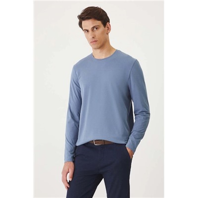 Longsleeve bawełniany męski z domieszką elastanu gładki kolor niebieski