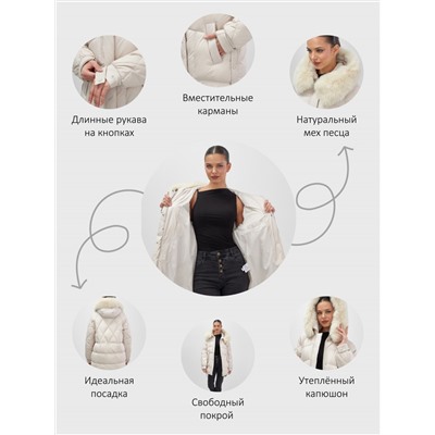 Куртка зимняя женская с мехом и капюшоном тренд бежевого цвета 7608B