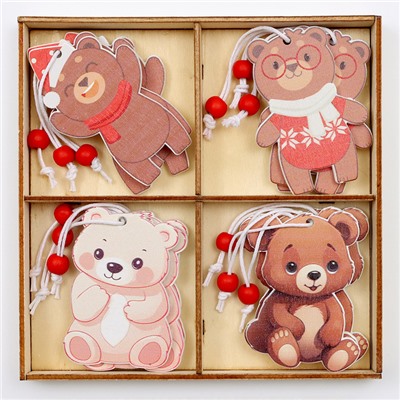 Елочные игрушки в деревянной подарочной упаковке, 12 шт., 13×13×2 см