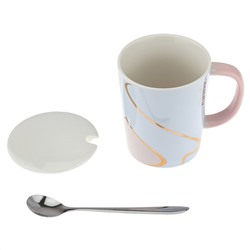 Кружка фарфоровая "Акварель" 320мл, д8,4см h10см, глянцевая глазурь, деколь с золотом, цвет - светло-голубой, ложка нерж. 14,3см, фарфоровая крышка, д/горла 8,2см, д/основания 6,7см, в подарочной коробке (Китай)