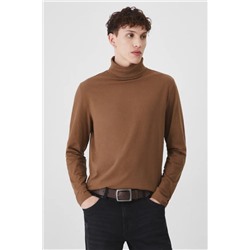Longsleeve bawełniany męski z domieszką elastanu gładki kolor brązowy