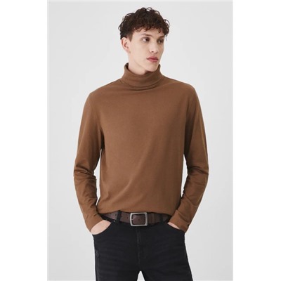 Longsleeve bawełniany męski z domieszką elastanu gładki kolor brązowy
