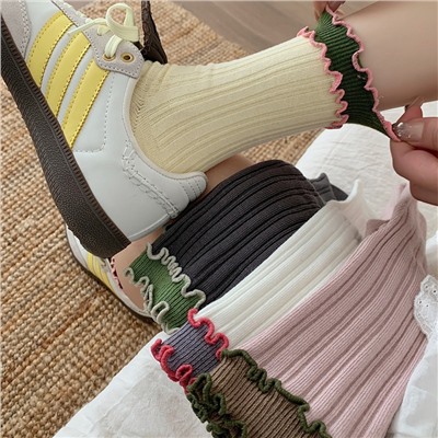 Cute double-layer cotton brand Japanese retro cotton balls, knee socks, mid-length