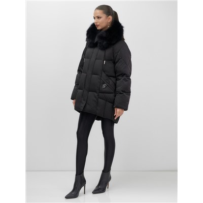 Куртка зимняя женская с мехом и капюшоном тренд черного цвета 7660Ch