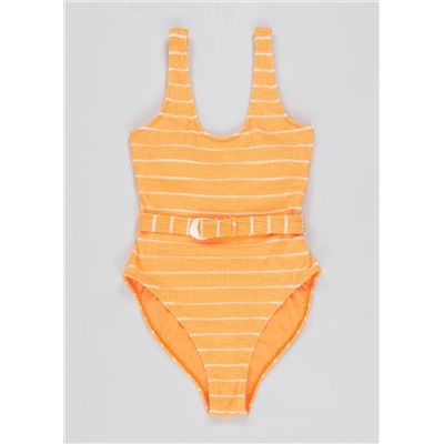 Stripe Crinkle Belted Swimsuit
