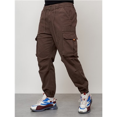 Джинсы карго мужские с накладными карманами коричневого цвета 2428K