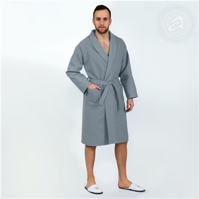 Халат мужской вафельный запашной с воротником серый