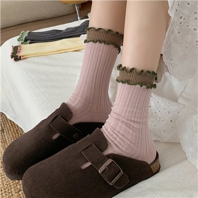 Cute double-layer cotton brand Japanese retro cotton balls, knee socks, mid-length