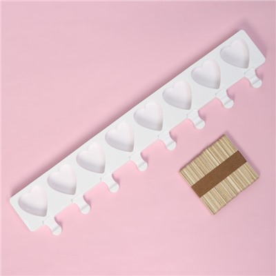 Форма для мороженого Доляна «Сердца. Макси», силикон, 49×6.5×2 см, 8 ячеек, палочки 50 шт., белая