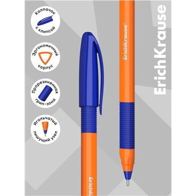 Набор ручек шариковых 3 штуки, ErichKrause U-109 Orange Stick&Grip, игольчатый узел 1.0 мм, чернила синие, супермягкое письмо, резиновый держатель, корпус оранжевый