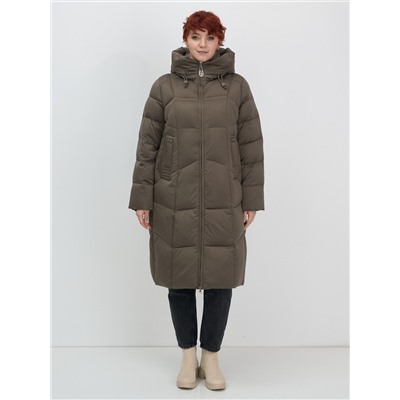 Пальто зимнее утепленное с капюшоном женское коричневого цвета 7702K