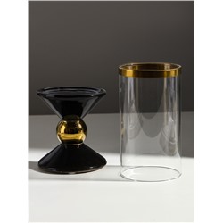 Подсвечник на 1 свечу «Параллели», керамика, стекло, d=7.5 см, чёрный с золотом, 9.5×9.5×24 см