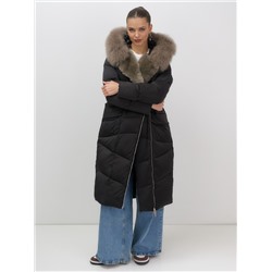 Двубортное пальто зимнее утепленное с мехом и капюшоном черного цвета 7626Ch