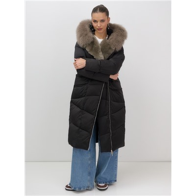Двубортное пальто зимнее утепленное с мехом и капюшоном черного цвета 7626Ch