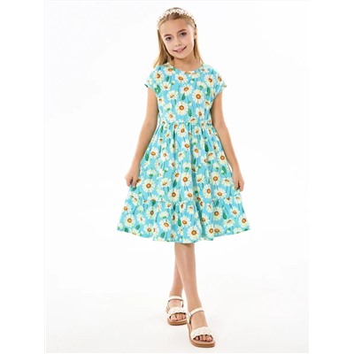 Детское платье "Ласточка" / Крупные ромашки на бирюзе