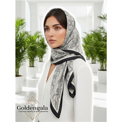 Косынка шелковая с принтом Арт 25183/003 (черный-молочный)