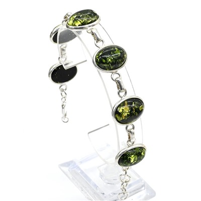 Браслет с янтарём в посеребрении 6 овалов 20*15мм зеленый, 21см