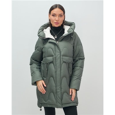 Куртка зимняя женская с капюшоном модная цвета хаки 7653Kh