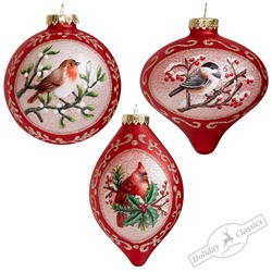 Шар/Капля "Лесные птицы" красные винтаж асс. из 3-х (стекло) 10/10х14,5 см