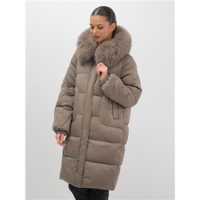 Пальто зимнее утепленное с мехом и капюшоном тренд коричневого цвета 7629K