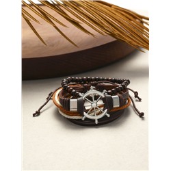 Набор браслетов кожаных «Мачта и штурвал», 3 шт., бежево-коричневый в серебре, d=7.5 см