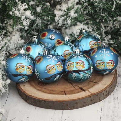 Ёлочные игрушки «Совята», шары новогодние, d=6 см, набор 8 шт., голубой