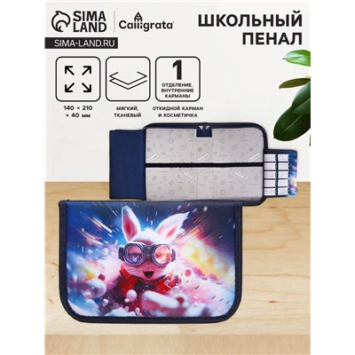 Пенал 1 секция 140 х 210 х 40 мм, откидной карман и косметичка, тканевый, Calligrata TOP Content "Супер заяц"