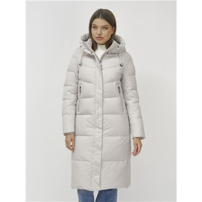 Пальто утепленное стеганное зимнее с капюшоном женское бежевого цвета 9636_1B