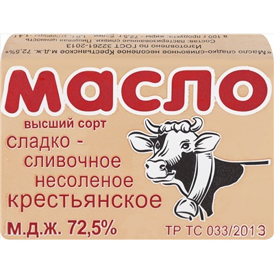 Масло сладко-сливочное несоленое "Крестьянское" 180 гр 72,5% РС