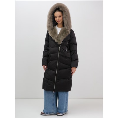 Двубортное пальто зимнее утепленное с мехом и капюшоном черного цвета 7626Ch