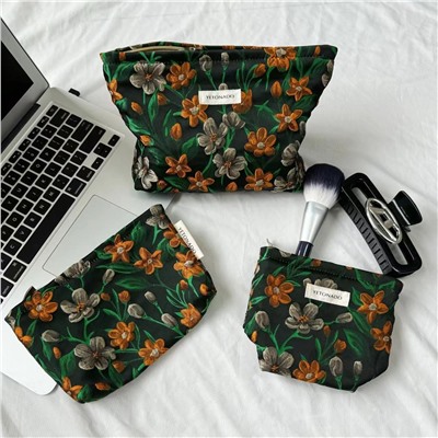 Retro capacious cosmetic bag, handheld organizer bag, travel bag, liner, floral print