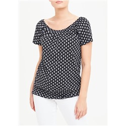 Shirred Tile Print Wide Neck T-Shirt