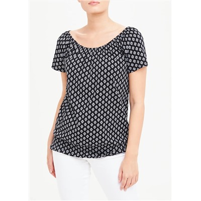 Shirred Tile Print Wide Neck T-Shirt