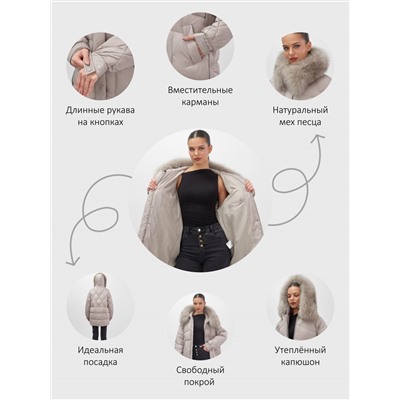 Куртка зимняя женская с мехом и капюшоном тренд светло-коричневого цвета 7608SK