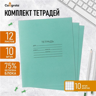Набор тетрадей 12 листов в клетку «Зелёная обложка», серые листы, 10 шт.