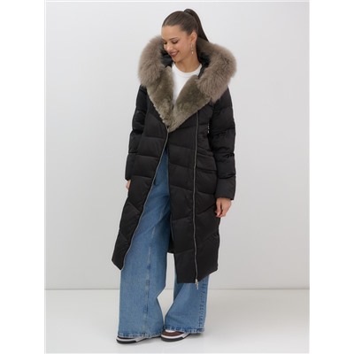 Двубортное пальто зимнее утепленное с мехом и капюшоном черного цвета 7626Ch