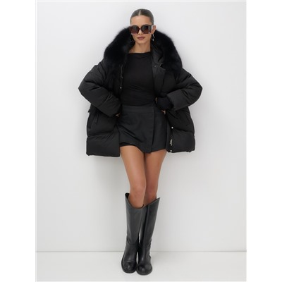 Куртка зимняя женская с мехом и капюшоном тренд черного цвета 7737Ch