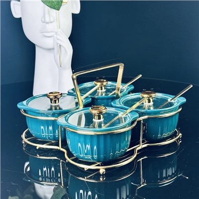 106-320 Набор из 4 баночек 150 мл для специй с ложками на подставке в под.уп.(х12)Фарфор