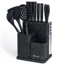 НАБОР AGNESS ИЗ 11ПР:5 НОЖЕЙ,ПОЛОВНИК,ЛОПАТКА,ШУМОВКА,ПОДСТАВКА,НОЖЕТОЧКА,НОЖНИЦЫ,ЧЕРНЫЙ МРАМОР/СЕРЫ