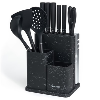 НАБОР AGNESS ИЗ 11ПР:5 НОЖЕЙ,ПОЛОВНИК,ЛОПАТКА,ШУМОВКА,ПОДСТАВКА,НОЖЕТОЧКА,НОЖНИЦЫ,ЧЕРНЫЙ МРАМОР/СЕРЫ
