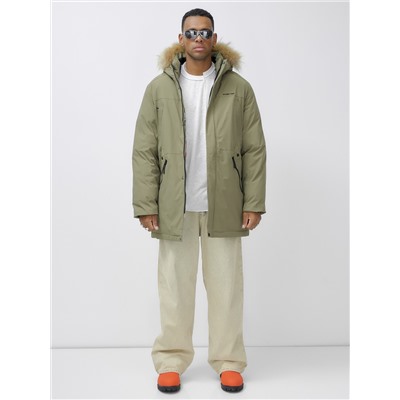 Парка мужская зимняя удлиненная с мехом цвета хаки 999Kh