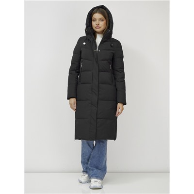Пальто утепленное стеганное зимнее с капюшоном женское черного цвета 9636_1Ch