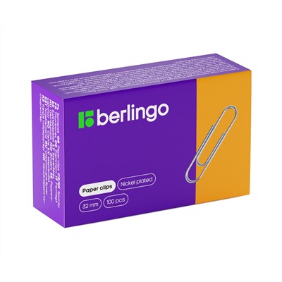 Скрепки 32мм, Berlingo, 100шт., никелированные, карт. упаковка