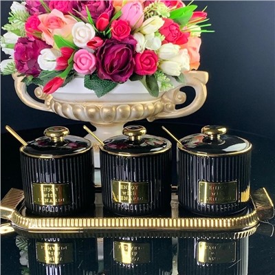 106-219 Набор из 3 баночек300 мл с ложками на подставке, черный  в под.уп.(х12)